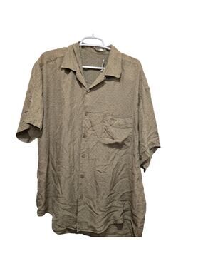 Perry Ellis XL 100% Silk Tan Camp Shirt Geometric Print Resort Wear